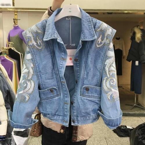 Women Embroidered Hot Rhinestone Denim Jacket Spring and Autumn New Loose and Thin Long-Sleeve Top