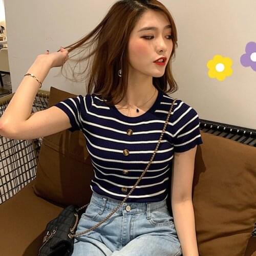 Stripes Womens T-Shirt Fashion Slim O Neck Button Knitted Summer Short Sleeve Tshirt Korean Style Tee Shirt