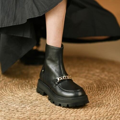 2021 Winter Genuine Leather Women Boots Fashion Round Toe Chunky Heel ANKLE Boots Platform Shoes Women Shoes Motorcycle Boots