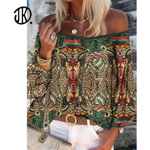 Vintage Boat Neck Top Womens Beach Style Trumpet Sleeve Chiffon T-shirt Spring Summer Plus Size Loose 3XL Strapless Sexy Tops