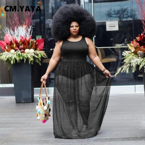CM.YAYA Women Dress Mesh Patchwork Sleeveless Plus Size XL-5XL Long Dresses Office Lady High Street Fashion Dress Summer Outfit