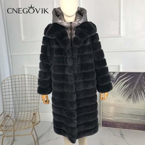 Natural Real rabbit Fur coat long style with collar with Detachable hood womens winter jacket with full sleeves horizontal