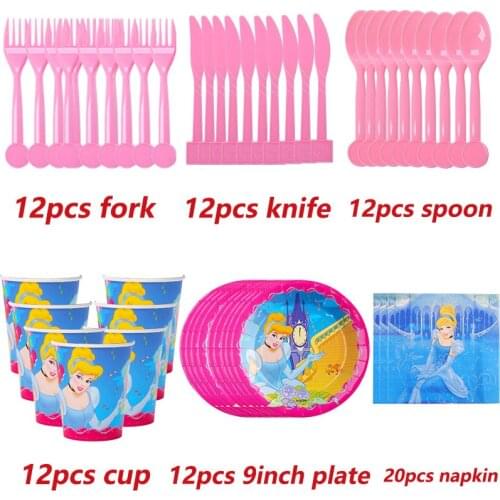 12PCS/set Disney Six Princess Cinderella Theme Party Disposable Tableware Set Paper Cup Plate Napkin Birthday Party Decor Supply