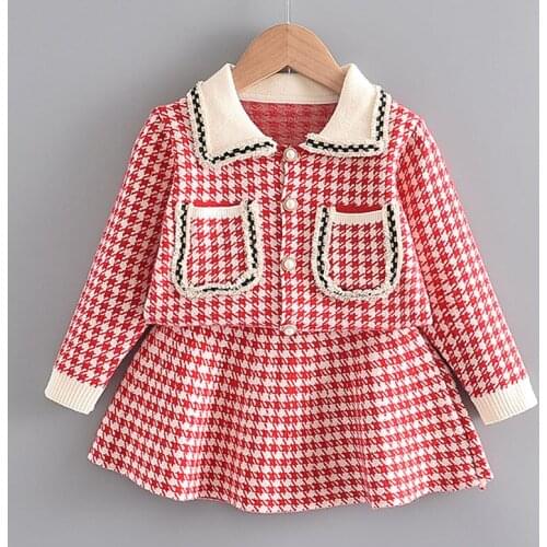 27KIDS Girls Autumn Princess Knitted Lattice Skirt Dress For Kids Clothes Children Clothing Korean style Casual Dresses Sets