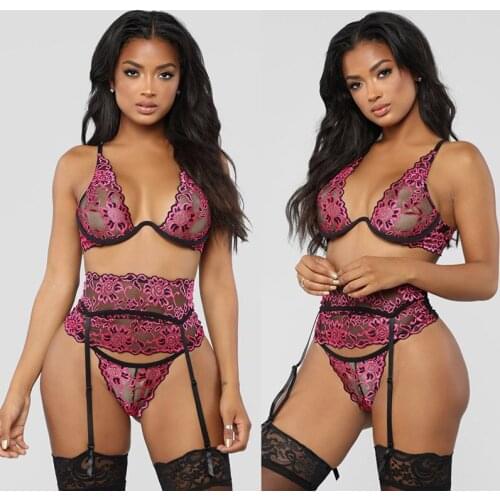 4 Pcs Set Womens Hot Erotic Sexy Lingerie Open Bra Lace Wiht Garter Panties Nylon Stockings Porno for Women Langerie