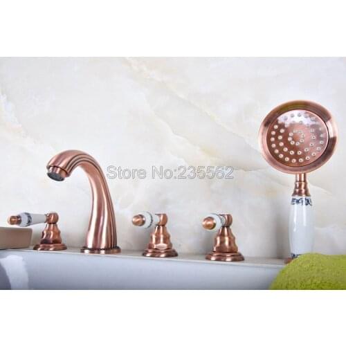 Antique Red Copper Deck Mount Widespread 5 Holes Roman Tub Faucet & Handheld Shower