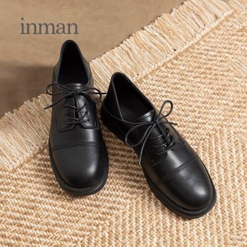 INMAN British Style Autumn Sheepskin Genuine Leather Shoes Women Lady Lace Up Closure Soft Surface Round Toe Fashion Nude Shoes