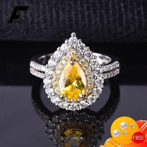 BaliJelry Silver 925 Women Ring Jewelry Accessories Water Drop Shape Citrine Zircon Gemstones Rings for Wedding Engagement Party