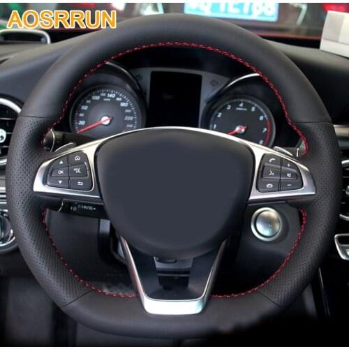 AOSRRUN Car accessories Leather Hand-stitched Car Steering Wheel Cover For Mercedes Benz C-Class C205 C180 C200 C400 C250 Coupe