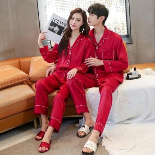 FZSLCYIYI Summer Couple Solid Color Pajamas Set Spring Lovers Men Women Long Sleeve Pants Sleepwear Satin Homewear Nightwear