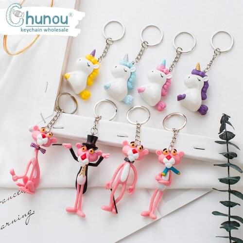 Cute Anime Cartoon Unicorn Pink Panther Keychain Women Backpack Key Ring Chains Car Purse Bag Charm Trinkets Key Accessories