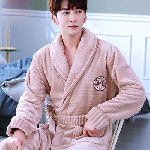 Men Winter Warm Flannel Robe Nightwear Thick Kimono Bathrobe Male Printed Flowers Sleepwear Home Soft Coral Fleece Dressing Gown