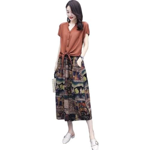 2021New printing Elegant 2 Piece Set Women Short sleeve Cropped Blouse Skirt Female Chic Western noble womens suit FC982