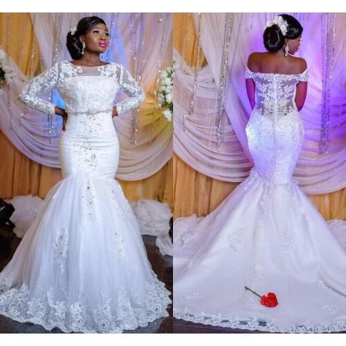 Stunning Off the Shoulder Mermaid Wedding Dresses Sweep Train Lace Appliques Bridal Dresses with Beads