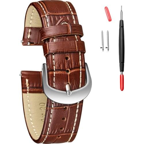 Alligator Embossed Leahter Watch Band Quick Release Brown White Stitch Top Grain Replacement Watches Strap 16mm 18mm 20mm 22mm