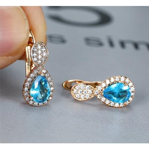 Trendy Female Aqua Blue Zircon Earrings Charm Gold Color Clip Earrings For Women Dainty Crystal Geometry Wedding Earrings