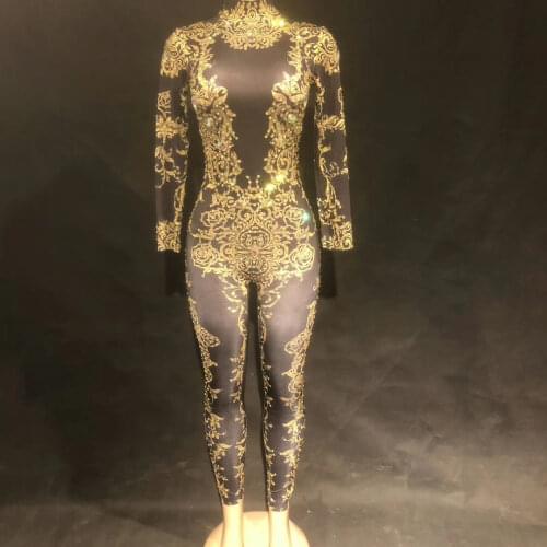 Personality Long Sleeve Singer Performance Stage Wear Rhinestones Jumpsuits Nightclub Prom Party Costumes Black Spandex Bodysuit