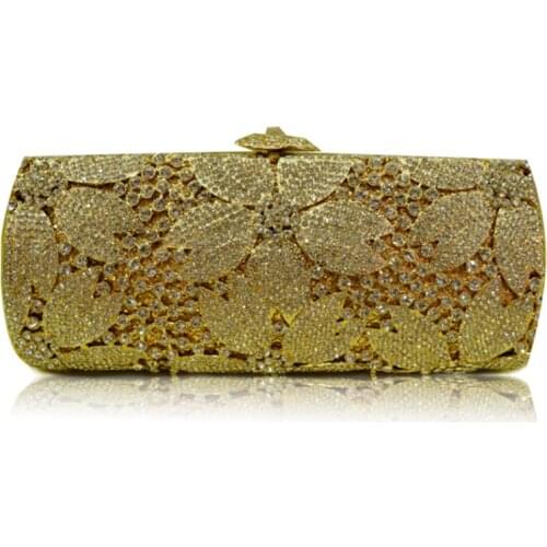XIYUAN Hollow Out Gold Metal Clutch Bag Women Evening Clutches Bags And Purses Fashion White Crystal Leaves Wedding Handbags