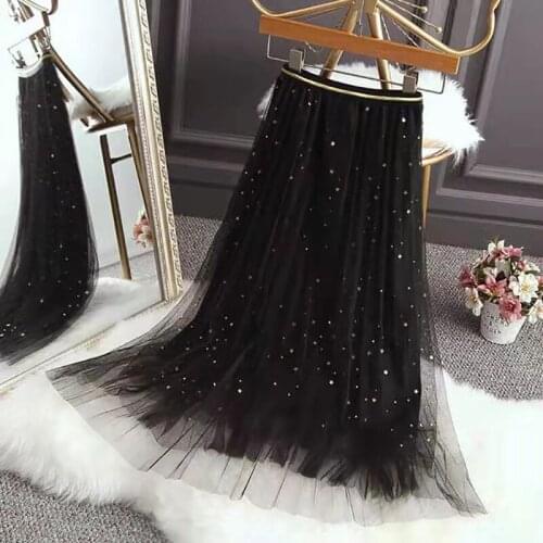Sexy Tulle Midi Skirt Net Yarn Skirts Womens Tutu Skirt A Type Was Thin Big Skirts Bright beads Spring Summer style Brand femme