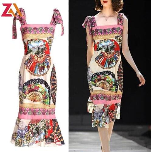 ZALady Summer Party Night Midi Mermaid Dress Women Vintage Printed Elegant Festive Spaghetti Strap Dresses Femme Robe Vestidos