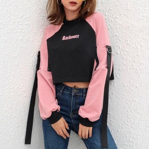 Women Autumn Korean Style Splicing Ribbon Hoodie Short Long Sleeve O-Neck Hooded Sweatshirt Girls Casual Loose Pullover Blouse