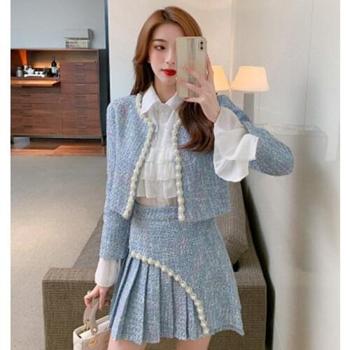 Autumn New Blue Tweed Two Piece Suit Women O Collar Beading Short Jacket Coat+Pleated A-Line Skirt Set Casual Plaid Woolen Suit