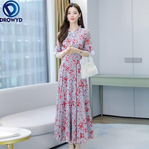 Summer Beach Maxi Dress Women Elegant Pink Print O-neck Temperament Chiffon Large Swing Plus Size Dresses Party Dresses Vestidos