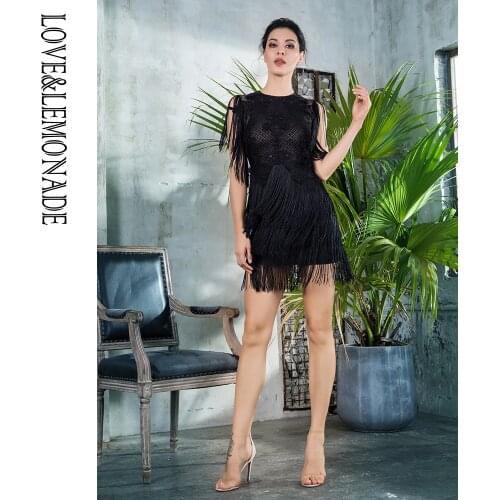 LOVE&LEMONADE Black Round Neck Lace Fringed Decorative Dot Mesh Party Dress LM81272