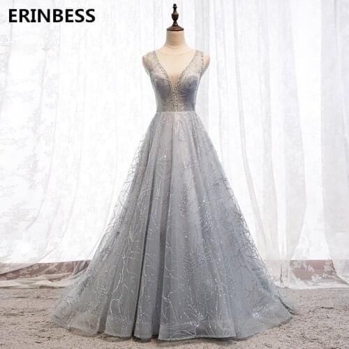 2020 Vestido De Festa Gray Long Prom Dresses Scoop Neck Party Gowns Women Formal V-back Tulle With Sequined Prom Dress Gowns