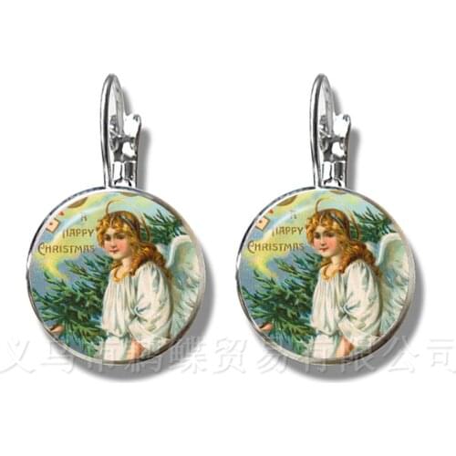 1PC Christmas Angel 16mm Round Glass Cabochon Handmade Stud Earrings Women Girls Party Favor Earrings Jewelry Best Gifts