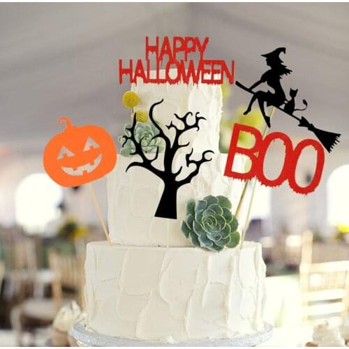 2Set Wooden+Felt Cake Topper DIY Halloween Decoration For Home Decor Spider Pumpkin Bat Cupcake Flag Masquerade Party Decoration
