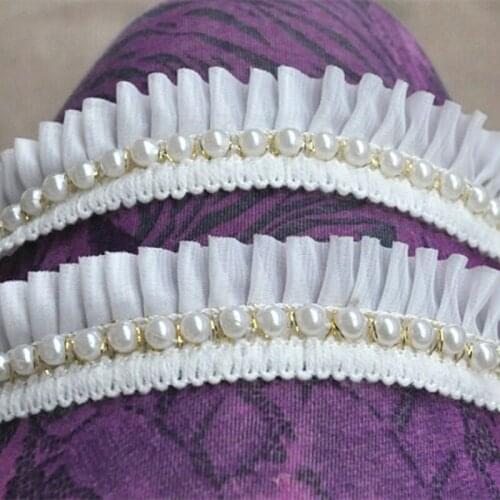 5 Yds/Lot Chiffon Flower Lace Pearl 3D Beaded Floral Trims Ruffled Ribbon 200D Chiffon White Pleated Beads Garment Accessories