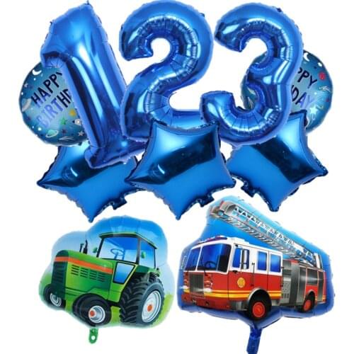 6pcs New Fire Truck Aluminum Balloon Tractor Bulldozer Train Number Helium Foil Balloon Happy Birthday Decorations for Kids Toys