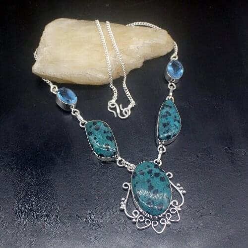 Gemstonefactory Jewelry Big Promotion Single Unique 925 Silver Dalmatian Jasper Blue Topaz Women Chain Necklace 46cm 202101434
