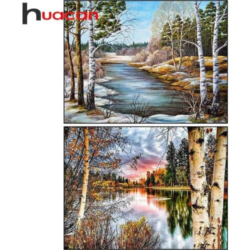 Huacan 5d DIY Mosaic Diamond Painting Full Square River Autumn Diamond Embroidery Beads Sets White Birch Trees Landscape Puzzle