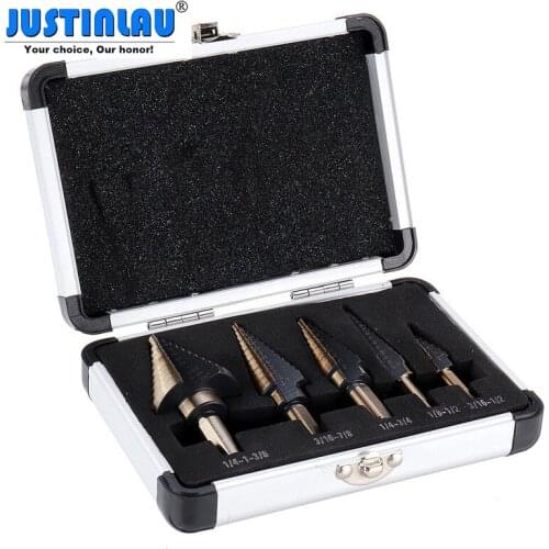 JUSTINLAU 5pcs/set HSS Step Drill Bit Set Hole Cutter Drilling Tool Multiple Hole 50 Sizes with Aluminum Case