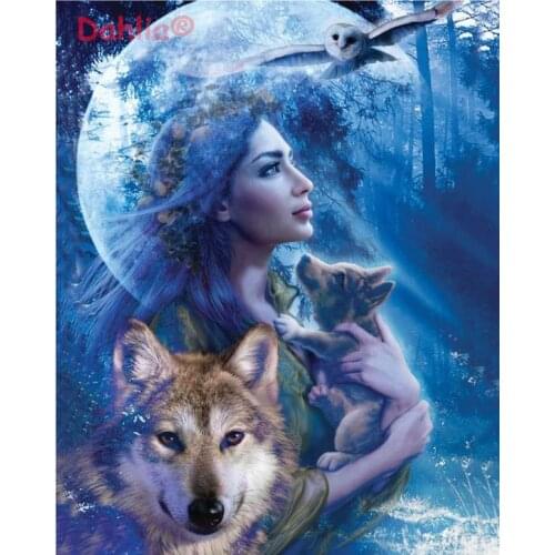 All In The Moonlight Wolf and Girl Art Needlework Embroidery DIY Cross Stitch Kits Crafts 14CT Unprinted Home Decor Handmade