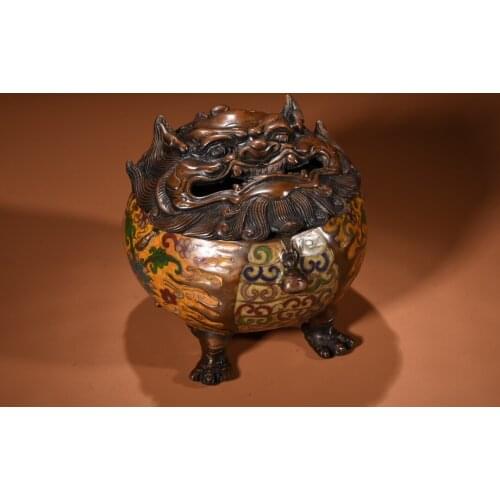 Chinese temple collection Old Bronze Gilt Cloisonne Enamel Pixiu Statue Four-legged incense burner Ornaments Town House Exorcism