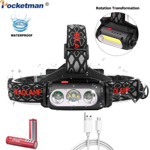 Powerful Headlamp COB+T6 LED Headlight Waterproof IPX-5 Head Light Rechargeable Head Torch with Rotating Head Lamp/18650