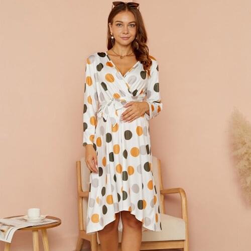 PatPat 2021 New ArrivalMaternity V-neck Polka dot full print Knee length X Long-sleeve Nursing Dress