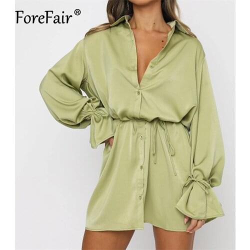 Forefair A Line Long Sleeves Satin Women Bodycon Dress 2021 Autumn Fashion Elegant Party Female Turn Down Collar Mini Dresses