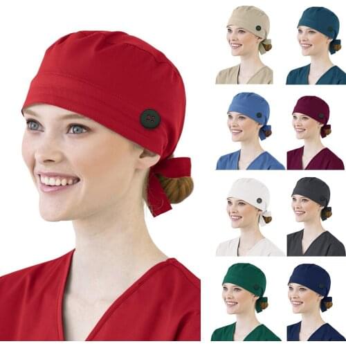 Hats For Women Fashion Cotton Nurse Hat Solid Color Scrub Cap Nurse Accessories Button Bouffant Hat Sweatband Gorro Enfermera