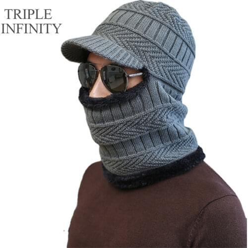 TRIPLE INFINITY Mens Warm Hat Winter New Fluff Cap Thick Comfortable Full Face Cover Cycling Bonnets Hat Windproof Neck Guard