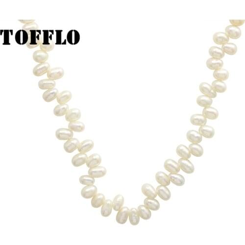 TOFFLO Stainless Steel Jewelry Natural Freshwater Pearl Necklace Crisscross Left And Right Fashion Clavicle Chain BSP195