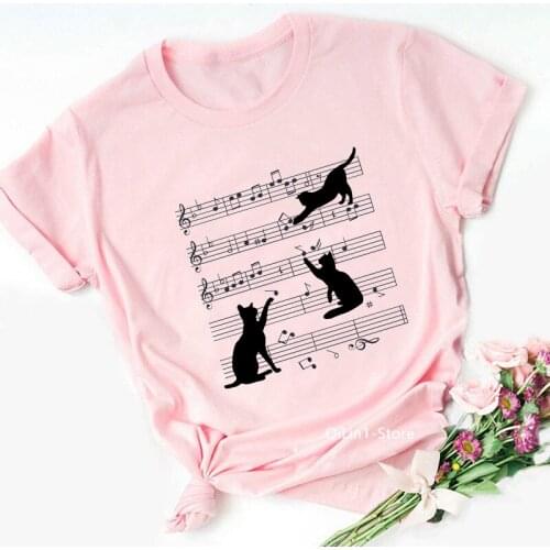 Funny Black Musical Note Cat Tee Shirt Femme Summer Top Female Pink T-Shirt Lovely Kitten Animal Print Tshirt Women T Shirt