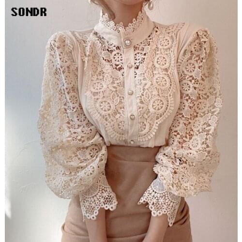 Korean Ladies Shirt Fall 2020 French Loose Fashion Buttons Lace Hollow Flower Stitching Long Sleeve Stand Collar Shirt Blouse