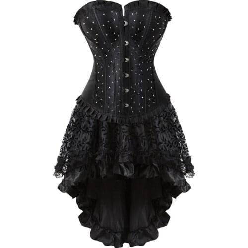 Women Sexy Rhinestone Corset With Burlesque Mini Skirt Set Vintage Corset Bustier Top Dance Skirt Victorian Corset Dress