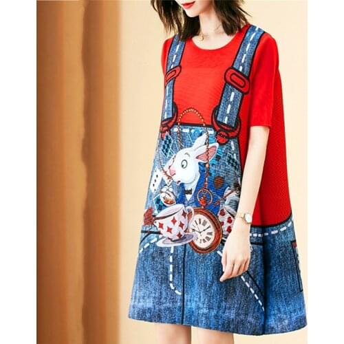 Casual Fashion Cartoon Overall Printed Women T-shirt Dress 2021 Summer Women Shorts Sleeve Dress O Neck Loose Dresses SY220