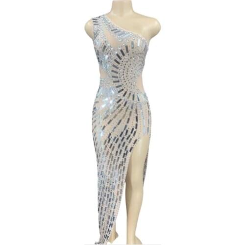 Women New Sexy Stage Sparkly Crystals Mirrors Dress Wear Silver Shinging Dress Singer One Shoulder Evening Luxurious Outfit