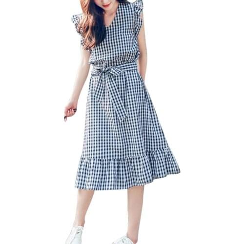 Fashion Women Summer Dress Plaid Print V Neck Ruffled Sleeveless Belted Loose Comfortable Midi Dress robe femme женское платье